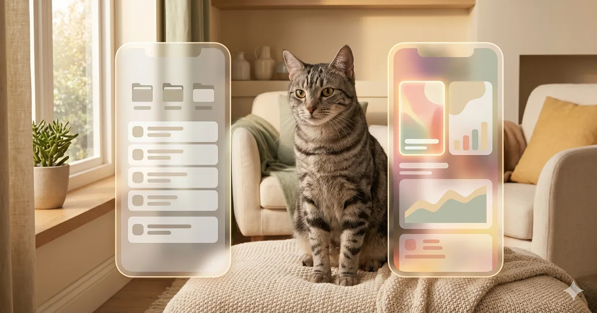 A calm tabby cat between two softly-glowing phone outlines — left phone showing simple file-folder shapes (the tracker), right phone showing a richer abstract glow with pattern hints (the interpreter) — hero illustration for a comparison of 11pets and CatMD