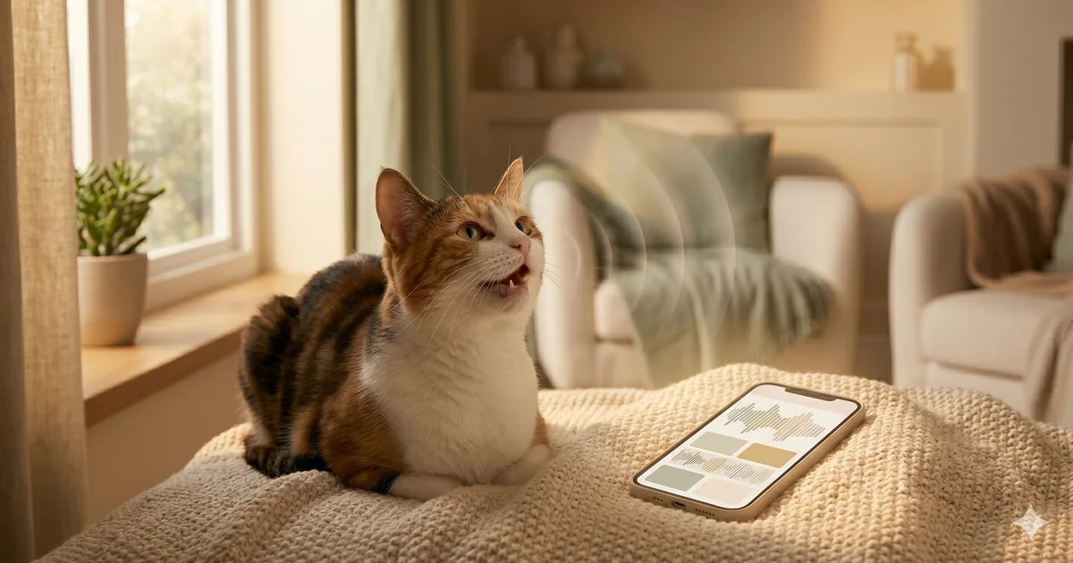 A cat in mid-meow on a cream blanket near a sunlit window, mouth slightly open, soft translucent sound-wave arcs radiating outward — hero illustration for an essay on whether AI can actually translate cat meows