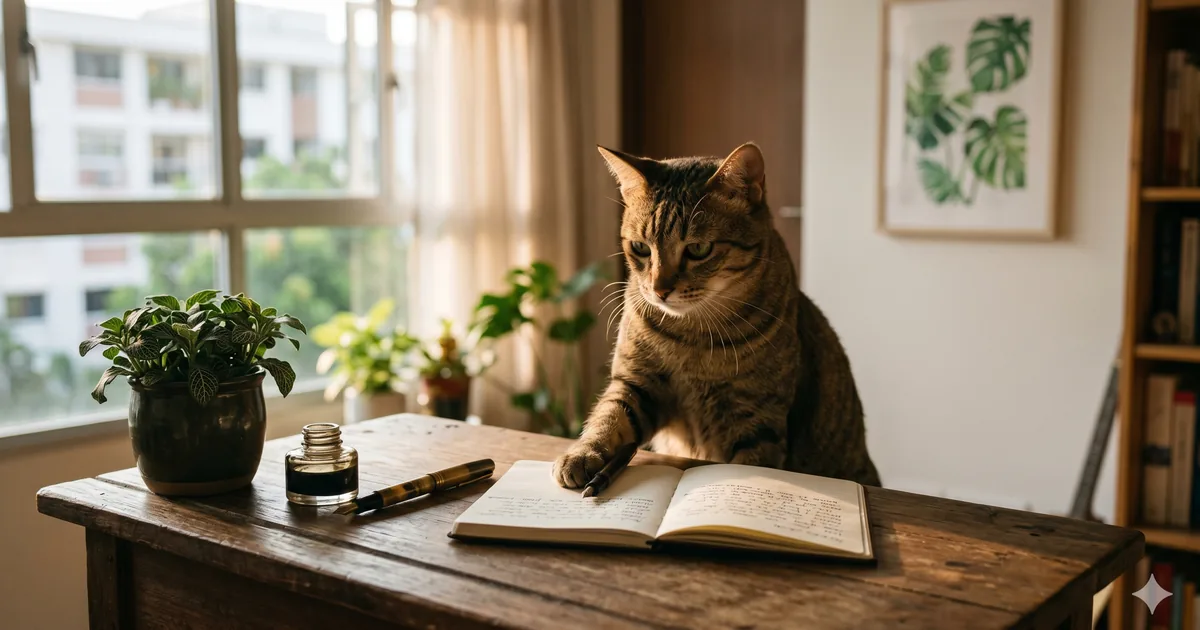 A thoughtful cat sitting at a small writing desk in soft afternoon light — hero illustration for an essay on the architecture of believable cat AI voice