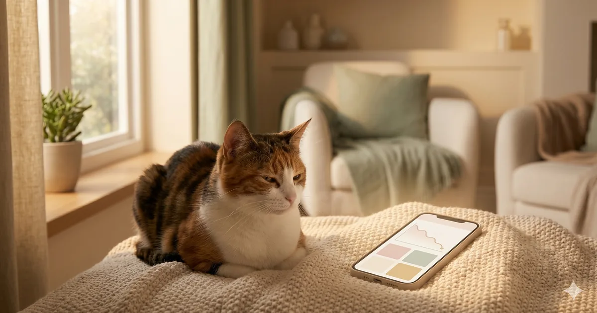 A quiet cat resting on a soft cream blanket near a sunlit windowsill, eyes half-closed, posture subtly tucked — beside her on the floor a softly-glowing phone showing an abstract descending line graph; hero illustration for a founder story about missed cat illness signals