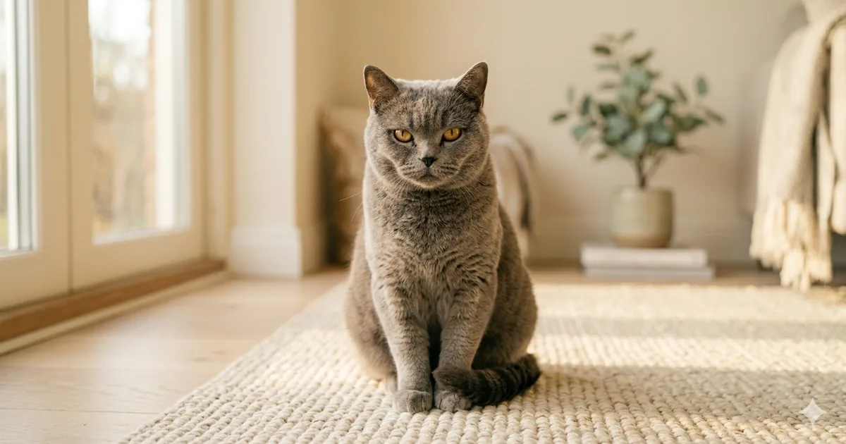 A serious-looking British Shorthair cat staring upright at the camera with a slightly judgmental expression, one paw tucked underneath in a relaxed posture — hero illustration for an essay on cat body language and the "does my cat hate me" misread