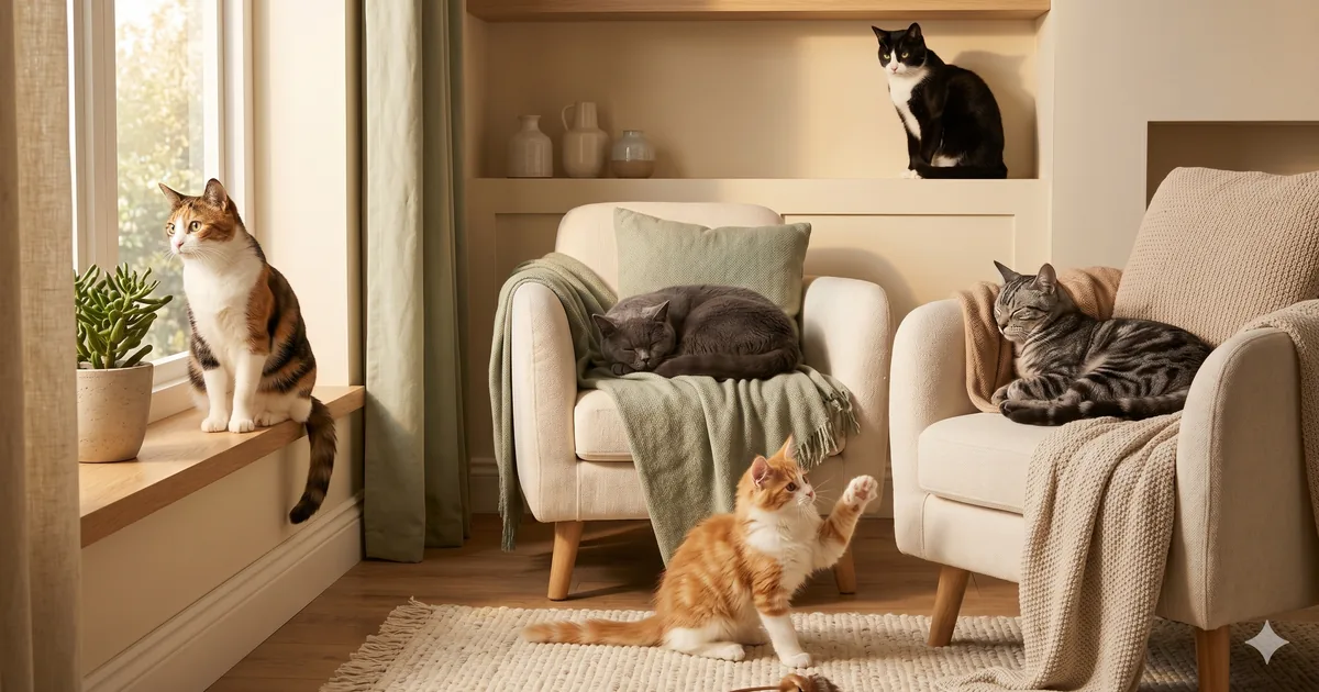 Five different cats arranged in a single warm-lit scene, each in a posture that telegraphs a distinct personality archetype — alert, curled, playful, lap-bonded, observing from height — hero illustration for the Feline Five personality framework