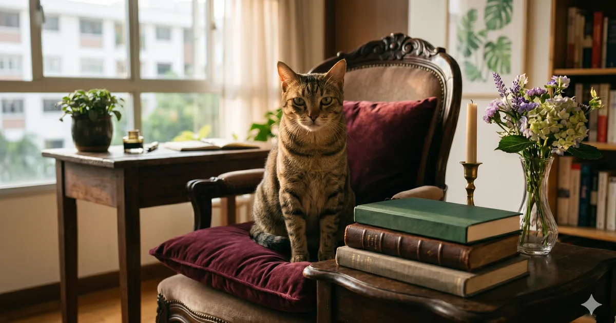 A dignified cat in a softly-lit drawing room beside a small stack of books — hero illustration for an essay on translating HCI research into cat AI voice modes