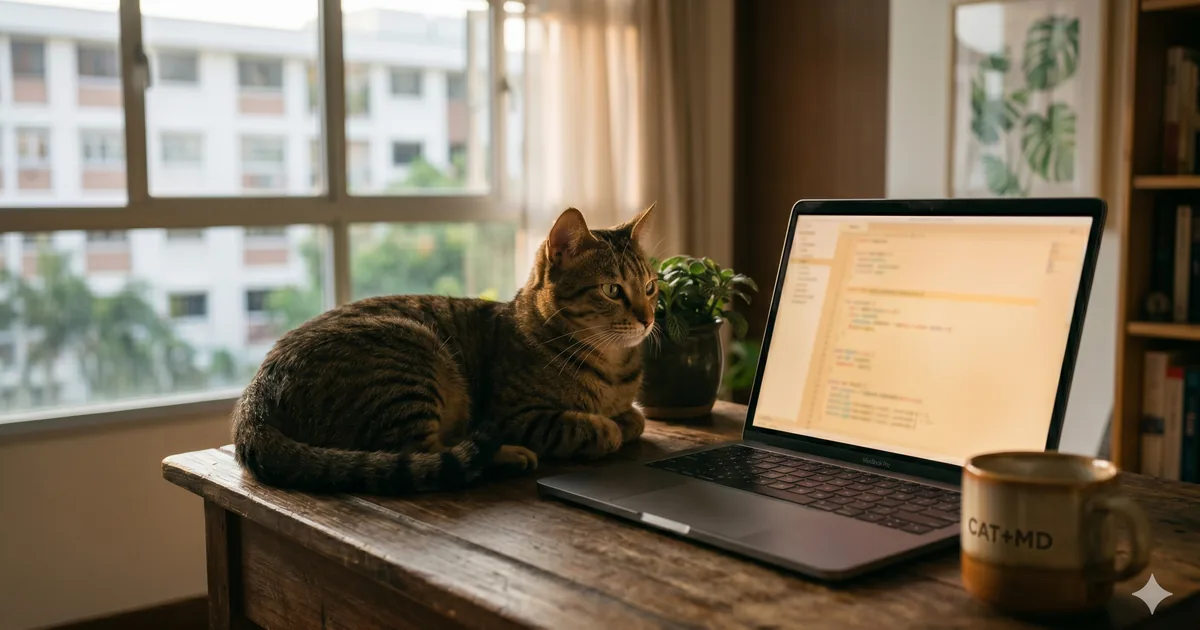 A cat curled on the corner of a wooden desk next to an open laptop in late-afternoon light — hero illustration for a build log on shipping an AI app solo in 14 days