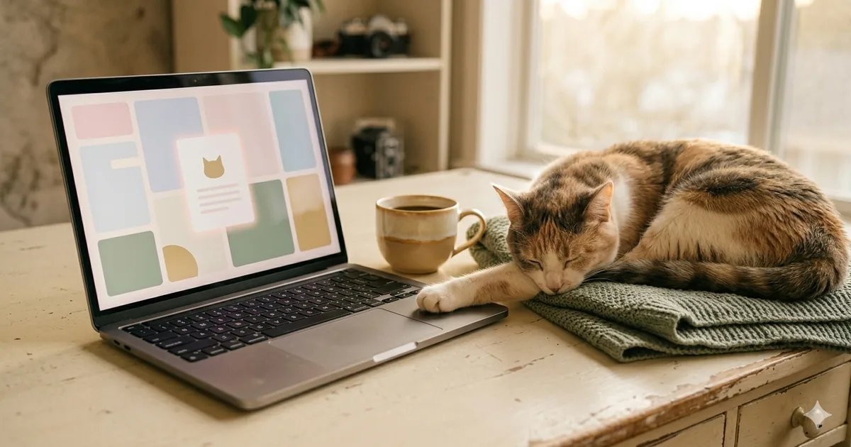 A laptop on a cream-coloured desk in warm afternoon light, screen showing soft-glowing abstract pastel blocks, a cat curled asleep on a folded blanket next to the laptop with a paw extended onto the keyboard — hero illustration for a solo founder essay on building an AI cat app