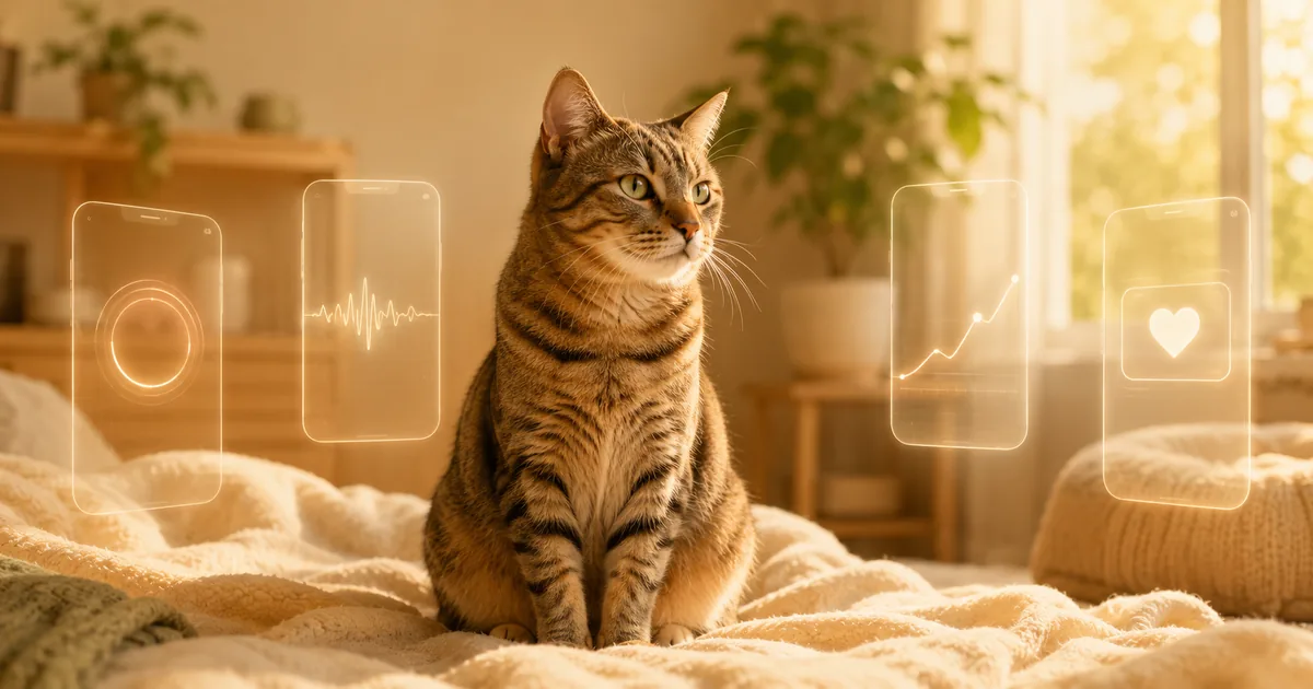 A clean overhead comparison-table illustration showing four small phone screens side by side — Tably, MeowTalk, CatsMe, and CatMD — each focused on a different cat-AI capability, warm cream and sage palette, editorial style; hero illustration for an objective buyer's-guide article on AI cat health apps