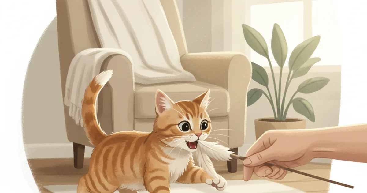 A young tabby cat with dilated pupils and slightly back ears, mid-pounce on a hand holding a feather wand toy in a soft cream living room — hero illustration for a guide on cat aggression toward humans, distinguishing play aggression, fear, and redirected aggression