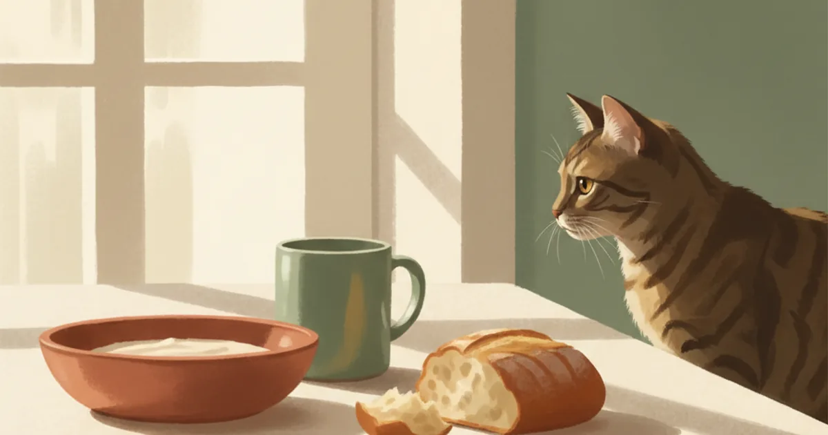 A neutral cream kitchen counter with a small tabby cat watching from the side, a few common food items softly out of focus in the foreground — hero illustration for a guide on which human foods are safe and toxic for cats