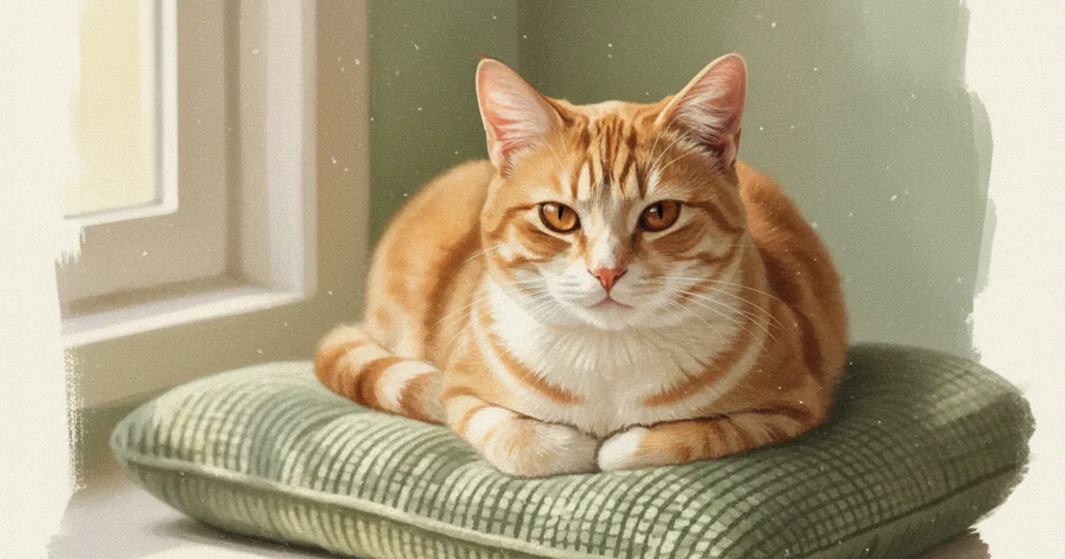 A short-haired tabby cat lying calmly on a sage cushion with a small notebook and pen out of focus in the foreground — hero illustration for a guide on multi-week cat health drift detection