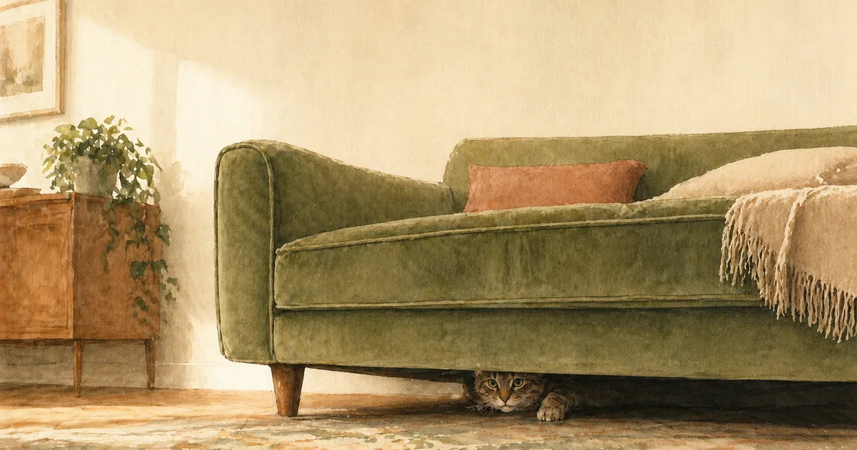 Cat peeking out from under a sage-coloured sofa in a warm living room — hero illustration for a guide on cats hiding illness