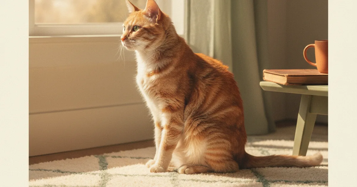 A senior tabby cat sitting alert by a window in evening light, slightly thinner than expected, looking out — hero illustration for a guide on early signs of feline hyperthyroidism