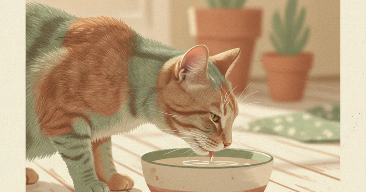 A senior cat drinking from a cream ceramic water bowl in soft window light — hero illustration for a guide on early-warning signs of feline chronic kidney disease