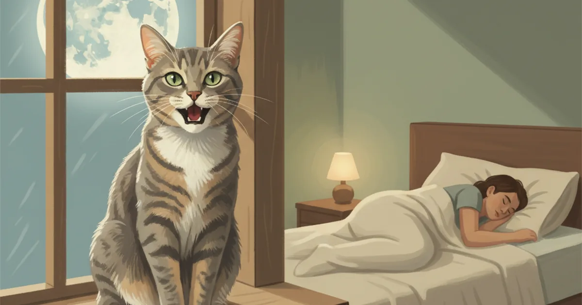 A grey tabby cat sitting on a moonlit windowsill at night with a soft blue glow and a sleeping human visible in the background — hero illustration for a guide on why cats meow at night and how to address nighttime vocalisations