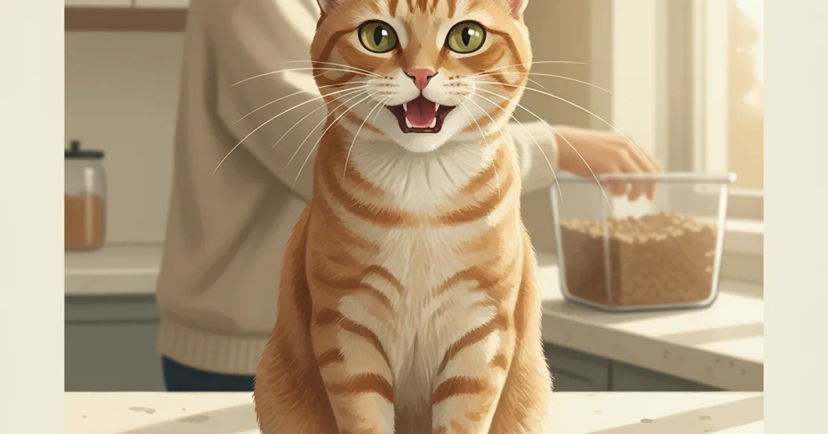 A small tabby cat sitting upright on a kitchen counter, mouth slightly open mid-meow, looking insistently at the camera while a human in soft focus reaches toward a food bin — hero illustration for a guide on why cats meow excessively and how to figure out the cause