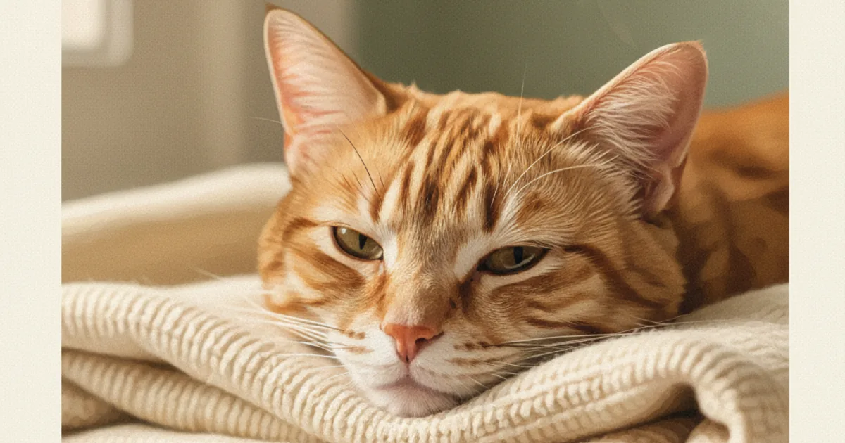 A close-up of a senior tabby cat resting head on a folded cream blanket in soft lamp light, slight facial tension visible — hero illustration for a guide on the Feline Grimace Scale for at-home cat pain checks