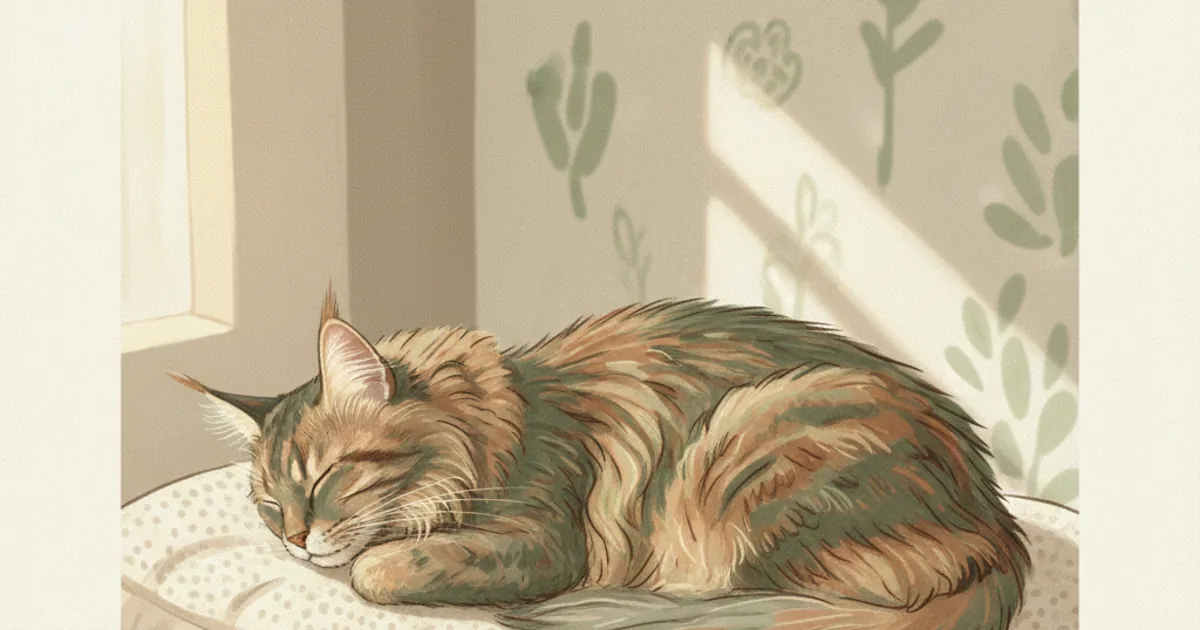 A long-haired Maine Coon-style cat asleep peacefully on a cream cushion in soft afternoon light, chest mid-breath — hero illustration for a guide on counting sleeping respiratory rate as an HCM early warning