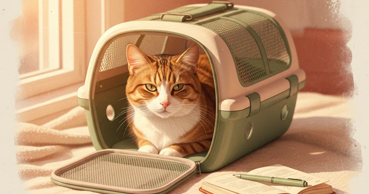 A short-haired tabby cat sitting calmly inside an open cream pet carrier near a soft window, with a small notebook and travel pouch beside — hero illustration for a guide on preparing for a cat vet visit