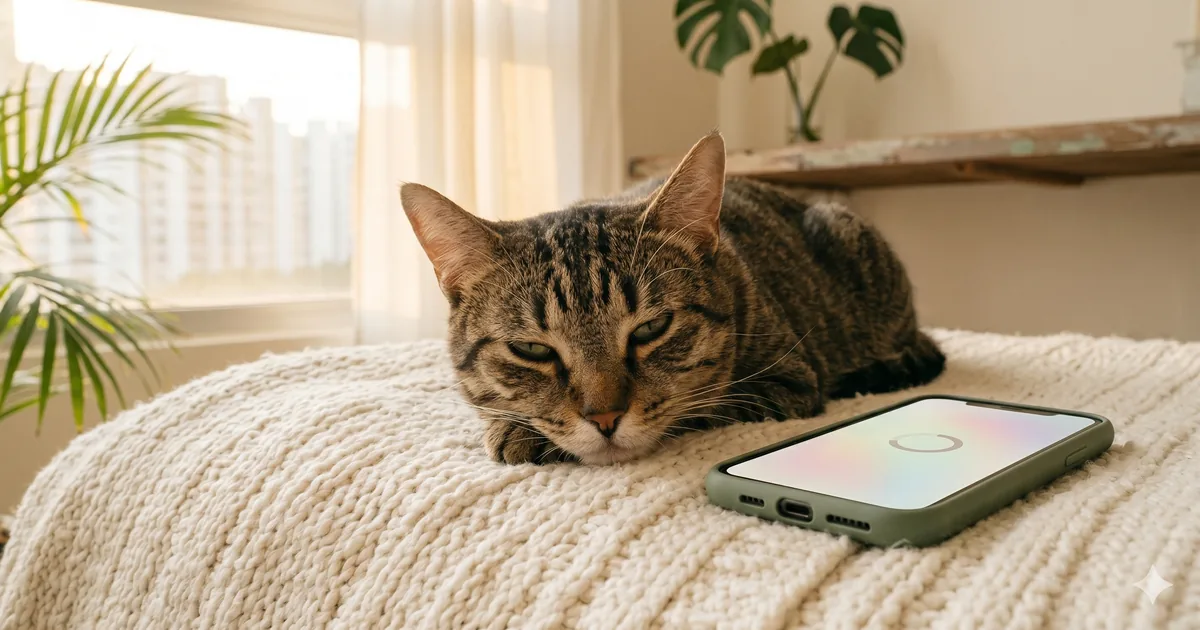 A quiet tabby cat resting on a cream blanket beside a phone showing a simple pain-check score card — hero illustration for a guide on whether cats hide pain