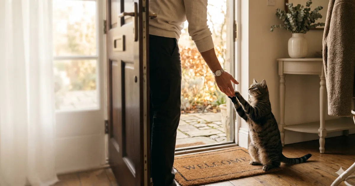 A cat reaching up gently toward a returning owner in a doorway, soft warm afternoon light — hero illustration for a guide on feline memory and recognition