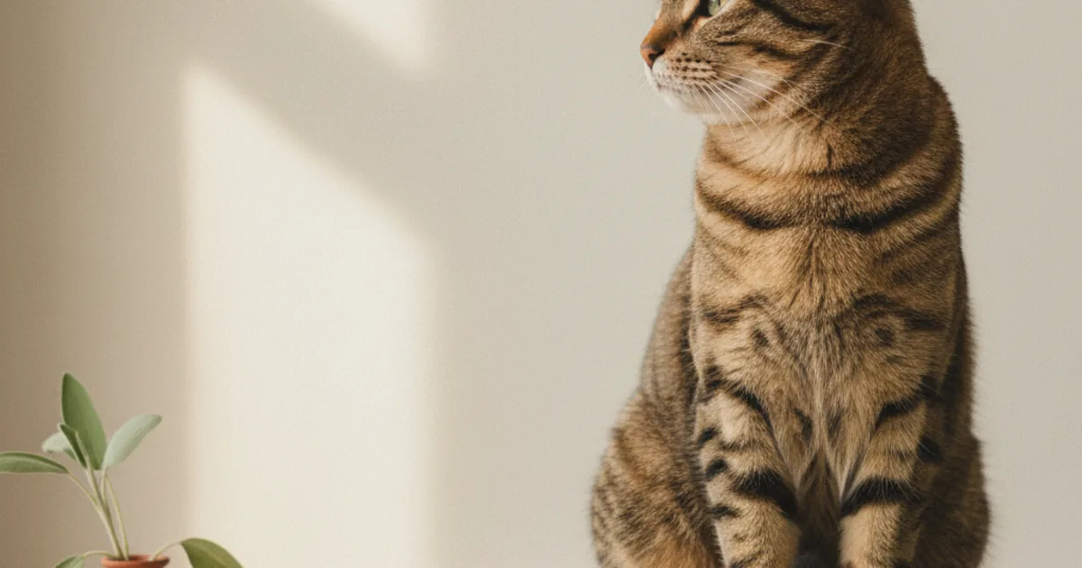 A short-haired tabby cat sitting upright on a sage-coloured cushion in soft window light, with ears slightly forward and tail curled around the body, captured mid-observation — hero illustration for a guide on how AI body-language reader apps actually work