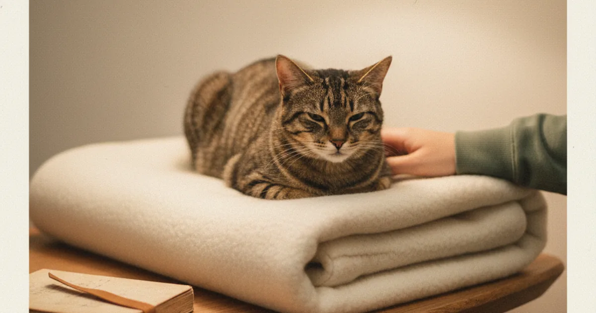 A close-up of a tabby cat being gently examined by a hand on a cream blanket in soft lamp light, with a small stethoscope and notepad just out of focus on the side — hero illustration for a guide on how AI cat symptom checker apps perform triage