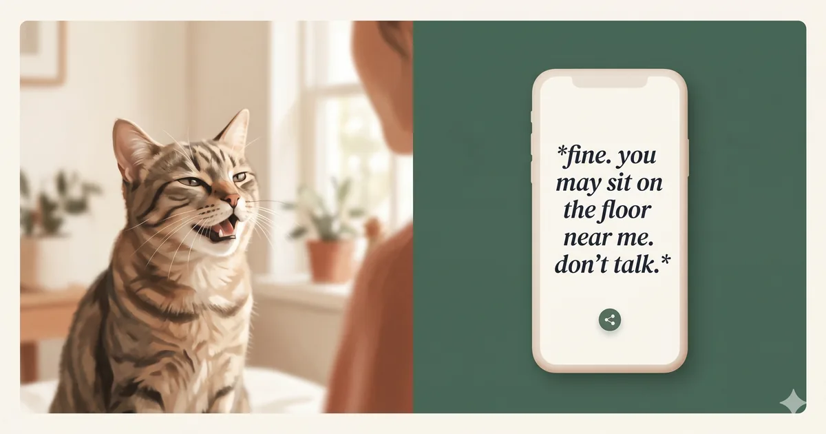 A cat mid-meow with a phone screen beside it showing a short italic-serif quote in the cat's voice — hero illustration for a guide on how modern multimodal meow translators work
