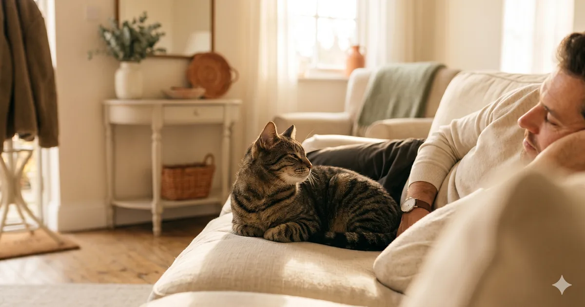 Cat and owner sharing a slow blink across a cream-colored sofa in golden afternoon light — hero illustration for a guide on bonding with a cat through daily habits