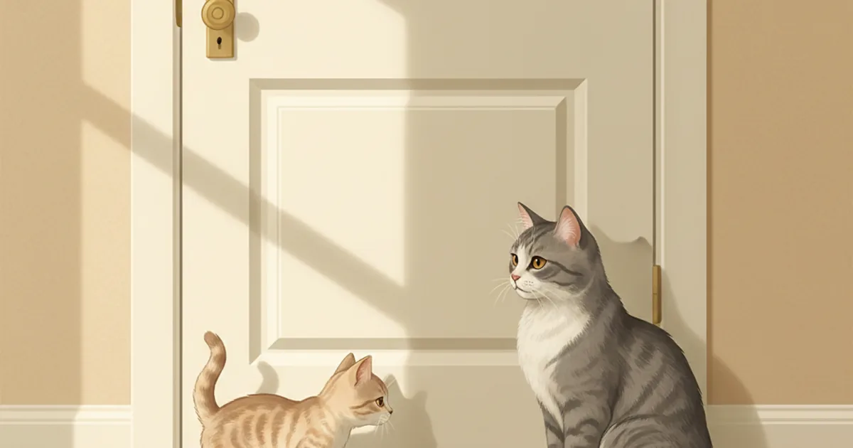 Two cats meeting safely across a closed door: a small kitten sniffing from the floor below a door crack, the adult resident cat on the other side of the door sitting calmly observing — hero illustration for a guide on the slow introduction protocol for introducing a new kitten to a resident cat