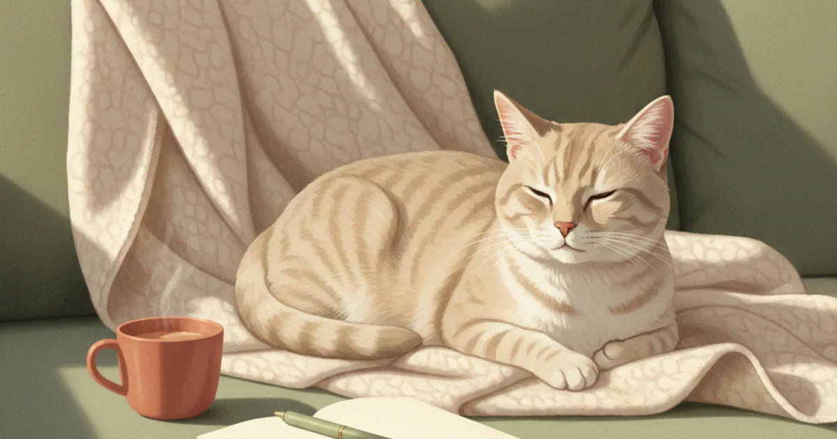 A short-haired tabby cat lying quietly on a cream wool blanket on a sofa, observed from a thoughtful middle distance, with a folded notebook and a small mug just out of focus — hero illustration for a guide on a structured "is my cat sick?" checklist for cat owners