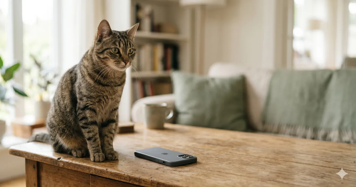 Tabby cat staring thoughtfully at a smartphone on a wooden desk in soft window light — hero illustration for a guide on cat AI apps and what cats actually think