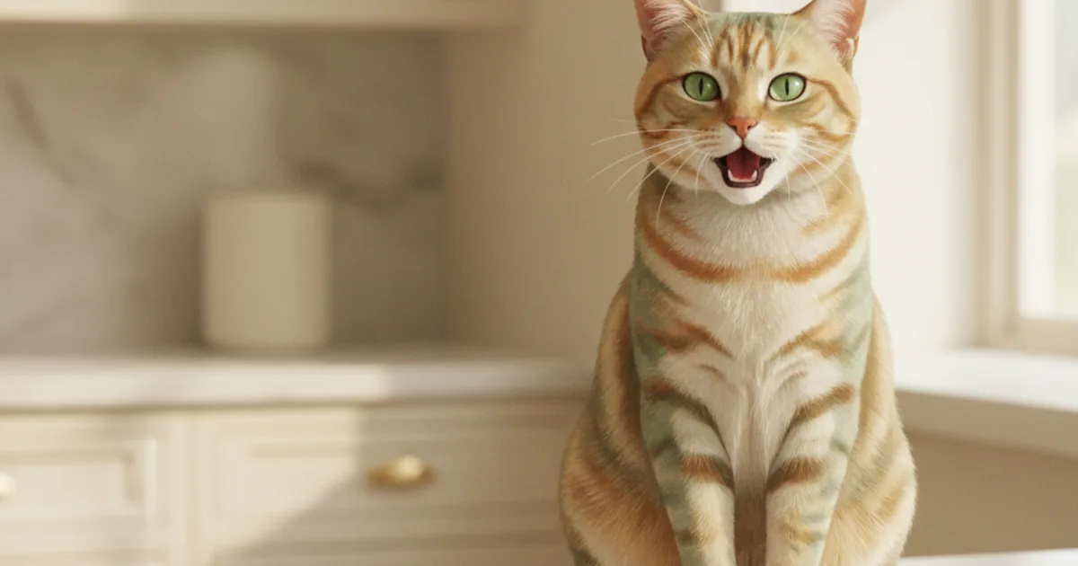 A medium-shot of a tabby cat sitting on a kitchen counter near morning light, mouth slightly open in a meow, looking directly at a person off-frame — hero illustration for a guide on why cats meow at humans but not at other adult cats